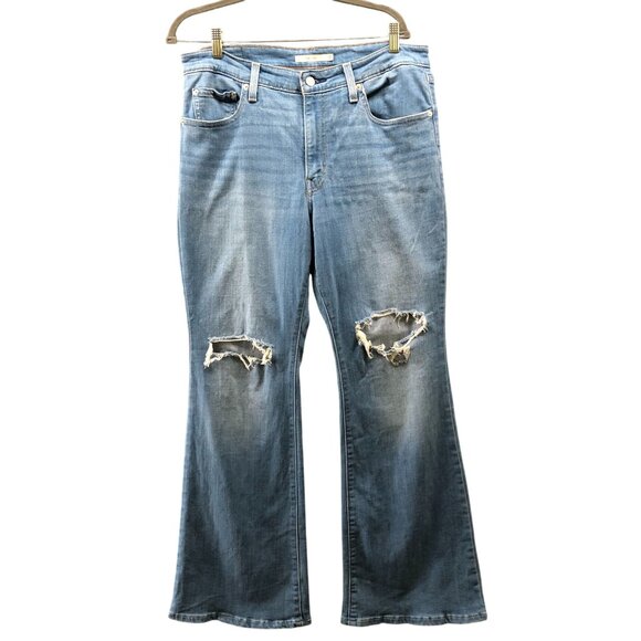Levi's 726 High Rise Flare Jean Womens 32 Blue Light Wash Ripped Knee Distressed - Picture 1 of 14
